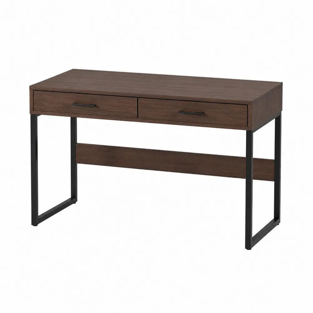 Schreibtisch Walnuss Braun mit zwei Schubladen und schwarzem Stahlgestell 140 x 60 x 75 cm