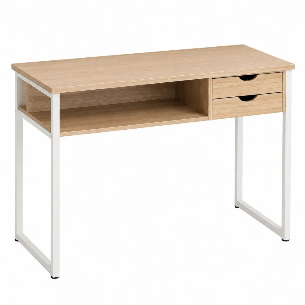 Schreibtisch 120 x 60 x 75 cm Eiche/Weiß mit 2 Schubladen, Ablagefach und Stahlgestell