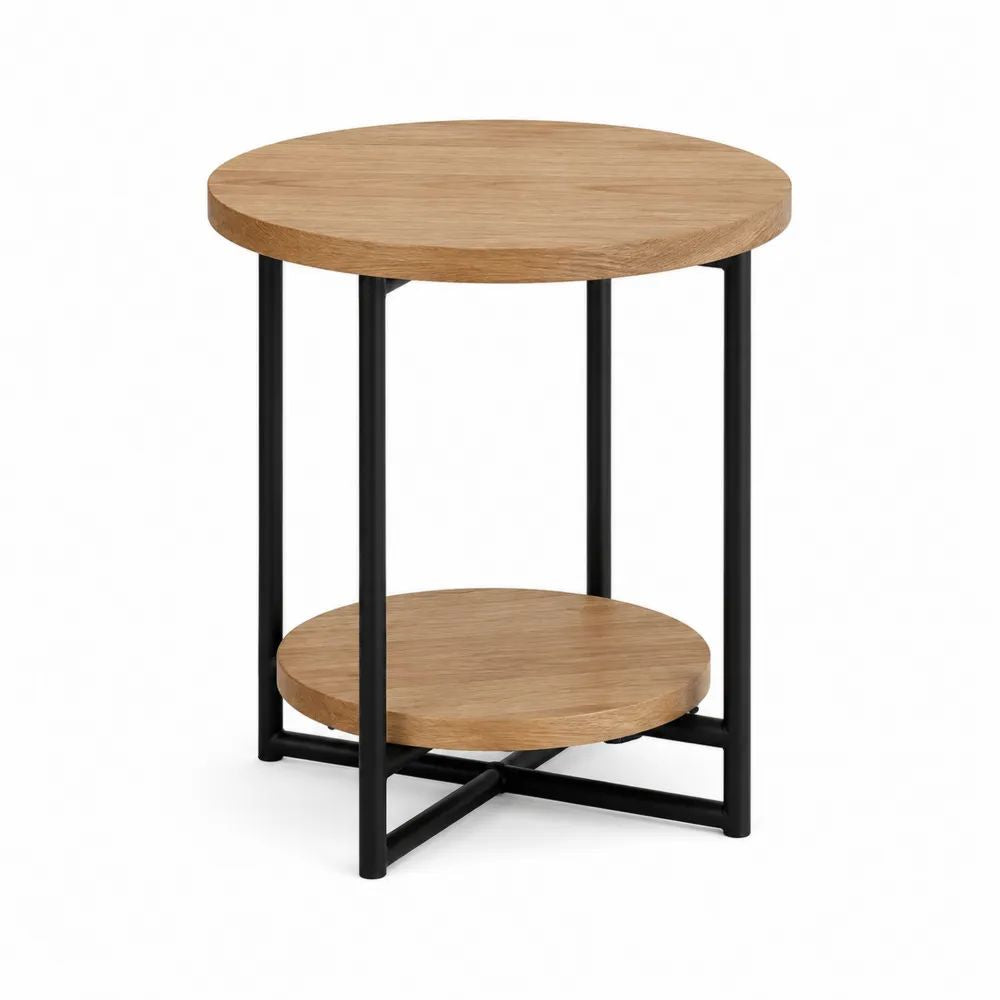 Runder Beistelltisch 60 x 60 x 55 cm mit zwei Ebenen Eichefarben und schwarzem Stahlgestell