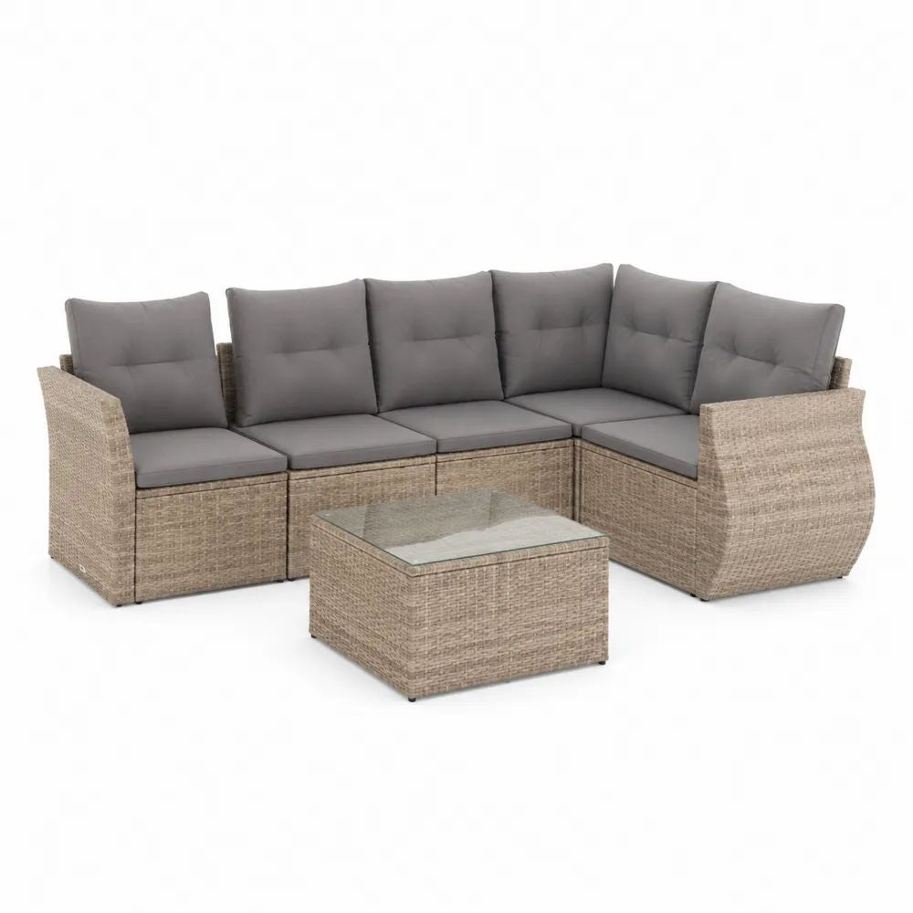 Gartensofa Set 7-teilig Beige/Grau mit Tisch, Polyrattan-Geflecht und Glasplatte