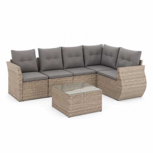Gartensofa Set 7-teilig Beige/Grau mit Tisch, Polyrattan-Geflecht und Glasplatte