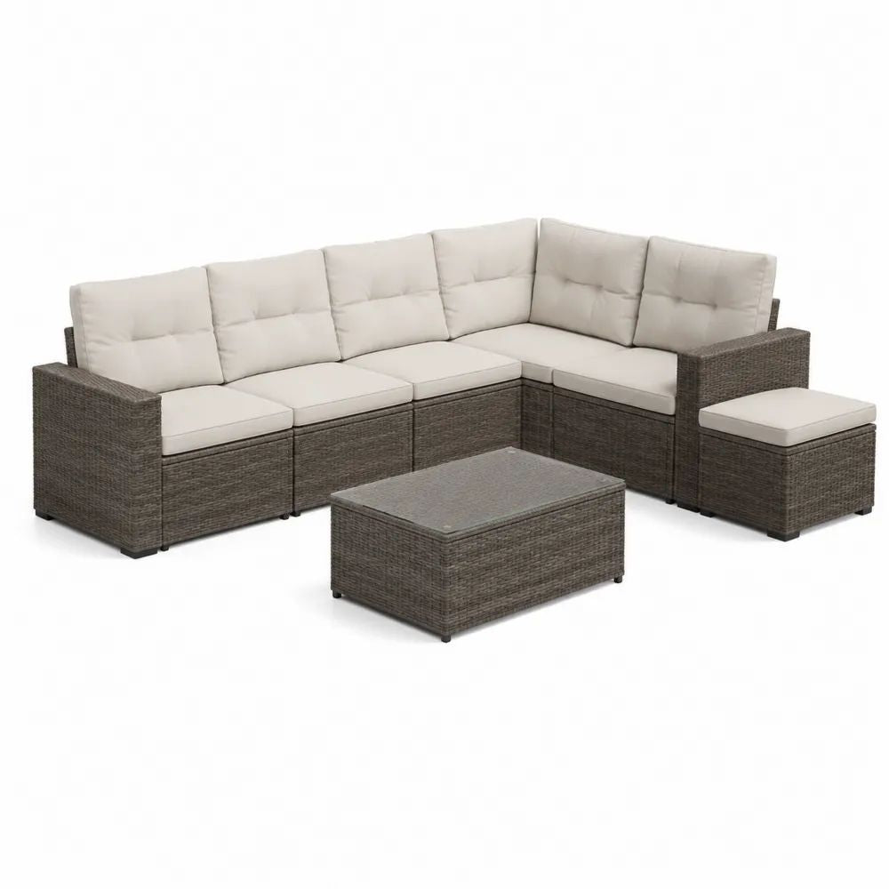 Gartensofa Set 8-teilig Grau/Beige mit Polyrattan Geflecht, Kissen und Glastisch