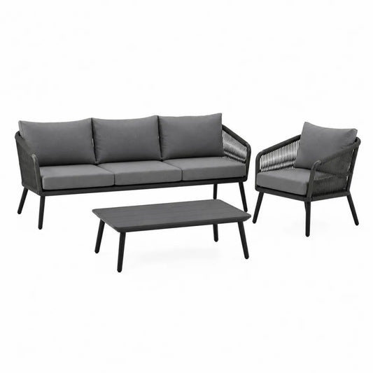 Gartensofa Set 3 teilig 210 x 75 x 70 cm Grau Polyrattan mit Sitzkissen und Couchtisch
