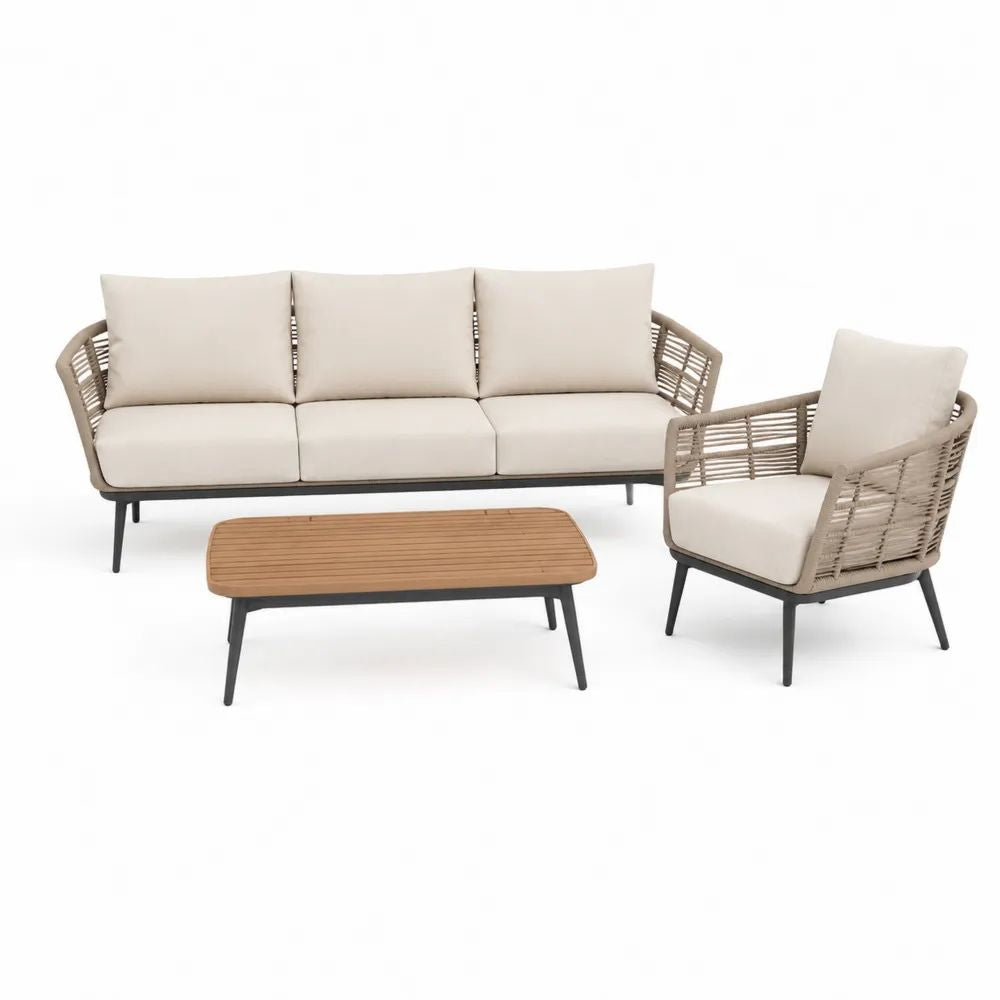 Gartensofa Set 3-teilig Beige/Creme/Schwarz/Braun mit 3-Sitzer Sofa, Sessel und Couchtisch aus Polyrattan