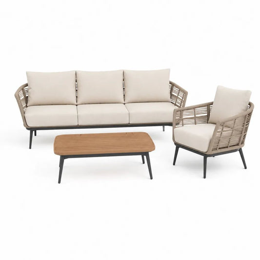 Gartensofa Set 3-teilig Beige/Creme/Schwarz/Braun mit 3-Sitzer Sofa, Sessel und Couchtisch aus Polyrattan