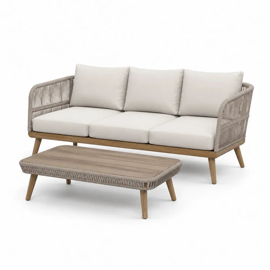 Gartensofa Set 3-teilig mit Tisch Creme Weiß, Polyrattan-Geflecht und Sitzkissen 180 x 75 x 85 cm