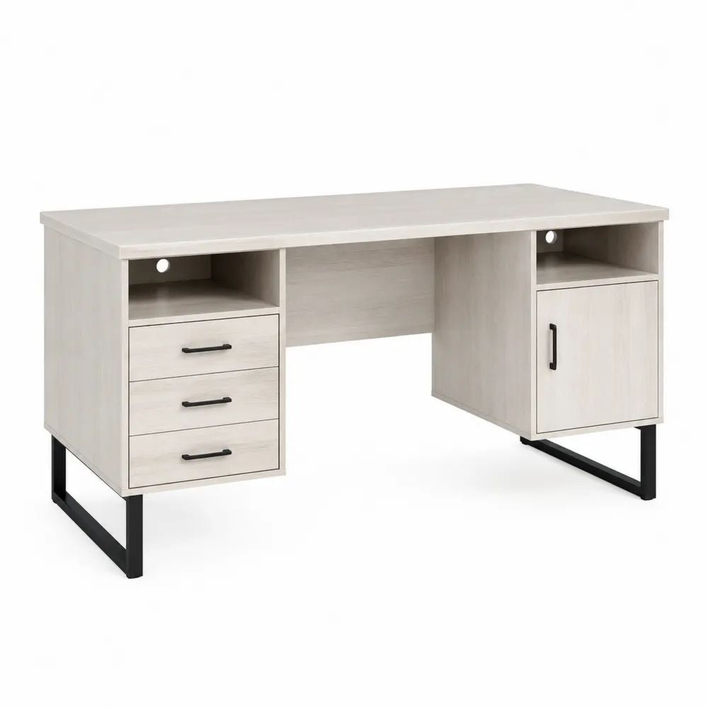 Schreibtisch 200 x 60 x 75 cm Weiß Holzwerkstoff mit 3 Schubladen, Schrank und schwarzem Stahlgestell