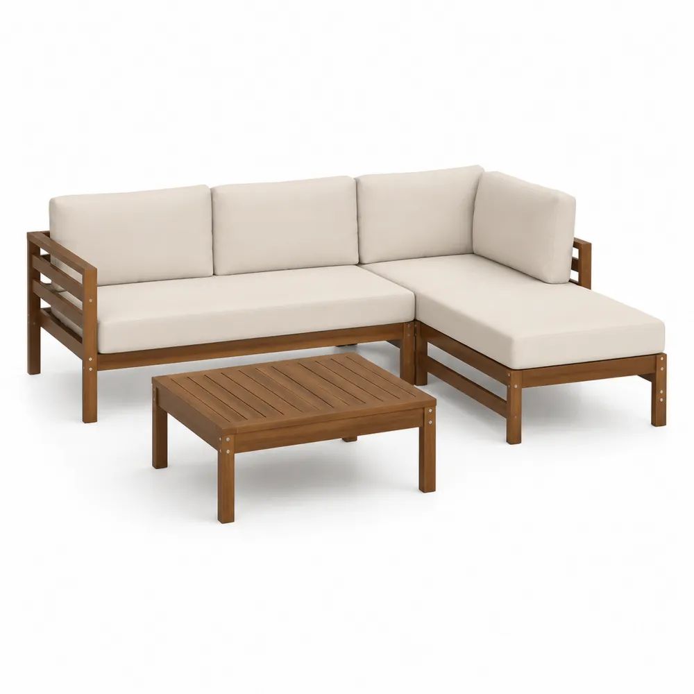 Gartensofa Set 4 teilig mit Tisch 230 x 170 x 75 cm Braun Akazienholz mit beigen Kissen