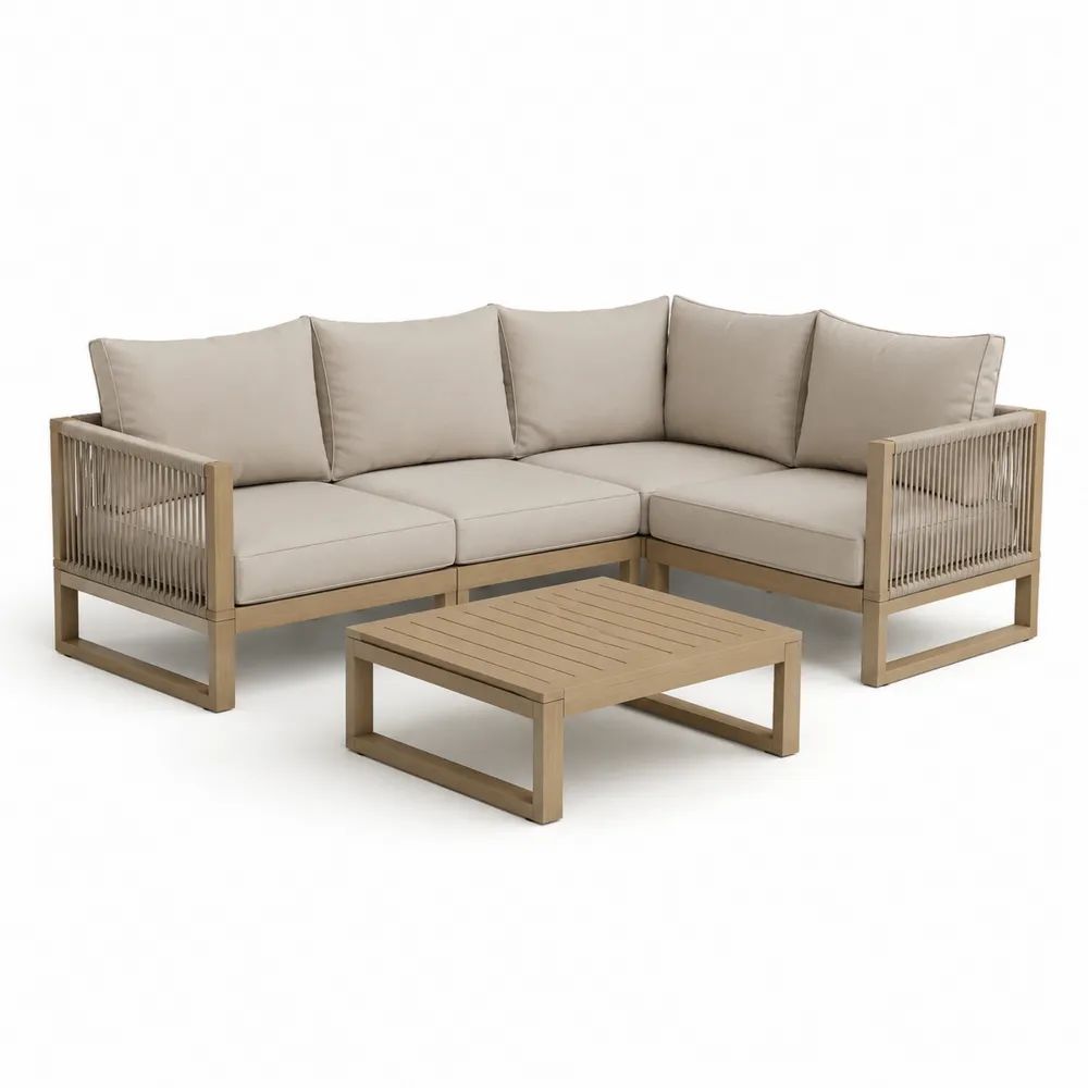 Gartensofa Set 4-teilig 260 x 190 x 70 cm Beige mit Aluminiumrahmen, Kissen und Couchtisch