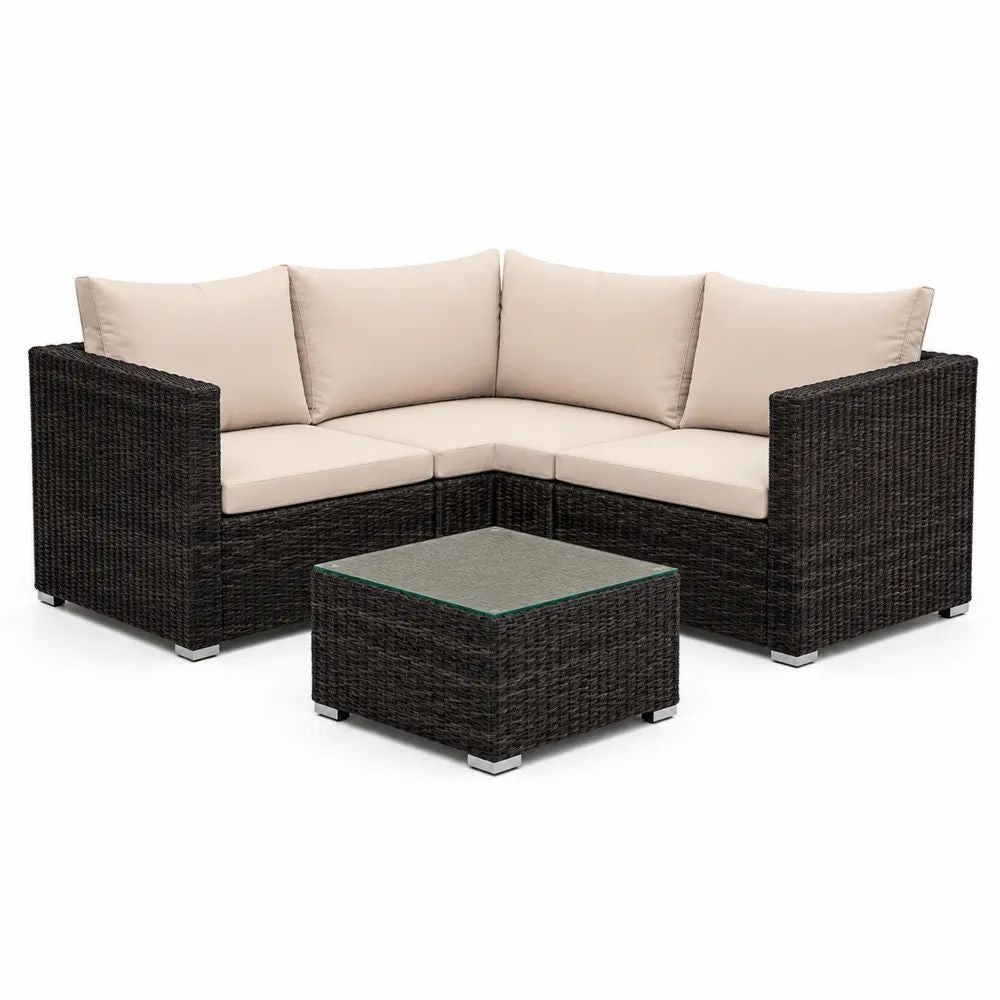 Gartensofa Set 4 teilig 245 x 245 x 68 cm Schwarz Polyrattan mit Ecksofa, Couchtisch und beigen Kissen