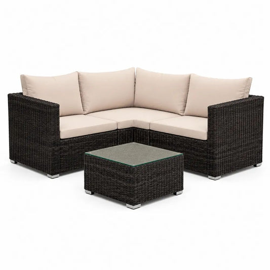Gartensofa Set 4 teilig 245 x 245 x 68 cm Schwarz Polyrattan mit Ecksofa, Couchtisch und beigen Kissen
