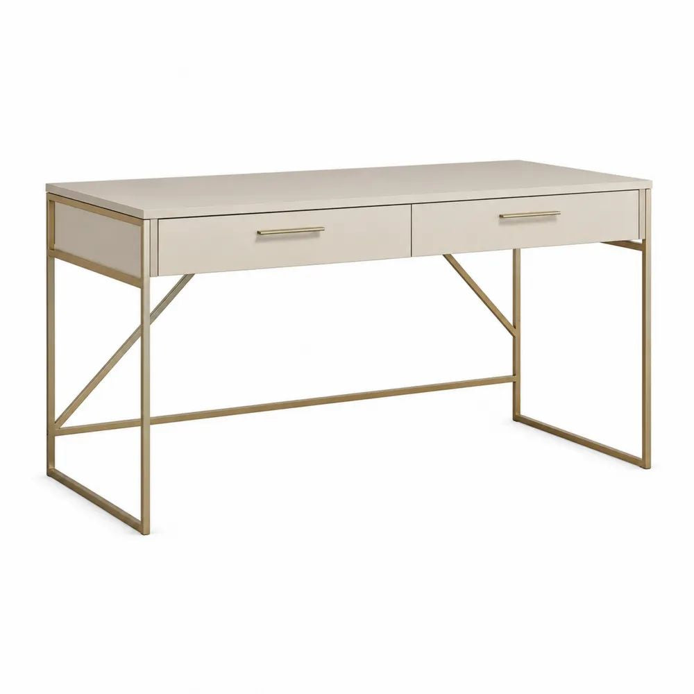 Schreibtisch 140 x 60 x 75 cm Weiß MDF mit 2 Schubladen und goldenem Stahlgestell