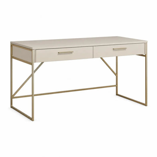 Schreibtisch 140 x 60 x 75 cm Weiß MDF mit 2 Schubladen und goldenem Stahlgestell