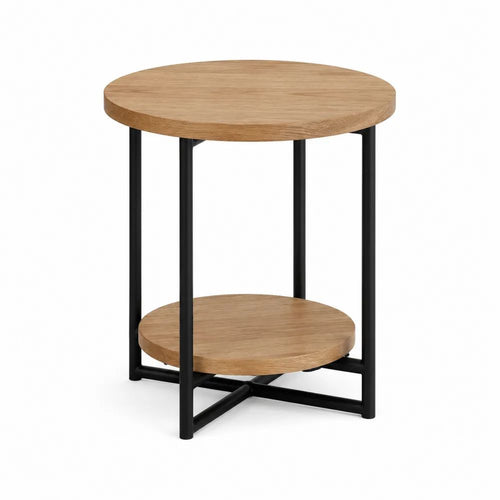 Runder Beistelltisch 60 x 60 x 55 cm mit zwei Ebenen Eichefarben und schwarzem Stahlgestell