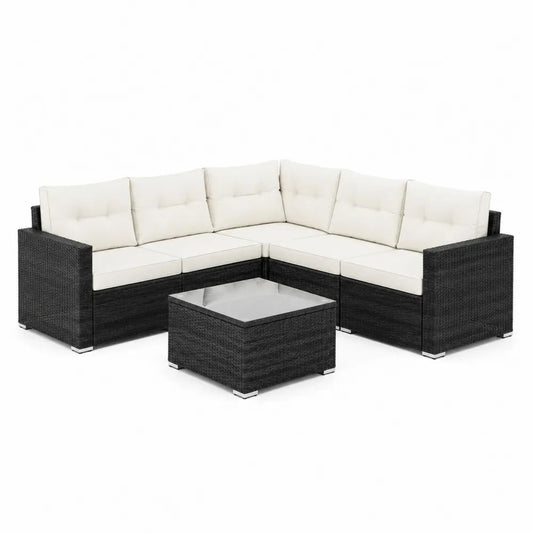 Gartensofa Set 5 teilig 260 x 260 x 70 cm Schwarz Polyrattan mit Ecksofa, Glastisch und cremeweißen Kissen