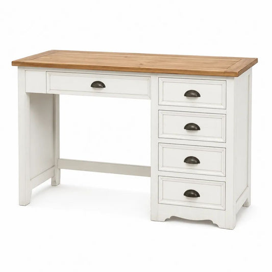 Schreibtisch Weiß mit Eiche Holzoptik und 5 Schubladen 140 x 60 x 76 cm